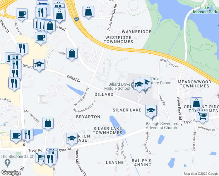 map of restaurants, bars, coffee shops, grocery stores, and more near 5411 Viewcrest Way in Raleigh
