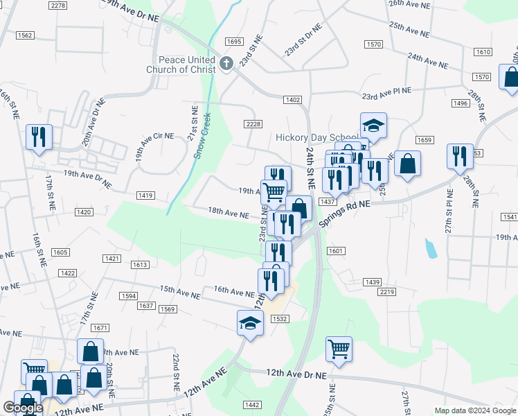 map of restaurants, bars, coffee shops, grocery stores, and more near 1825 23rd Street Northeast in Hickory