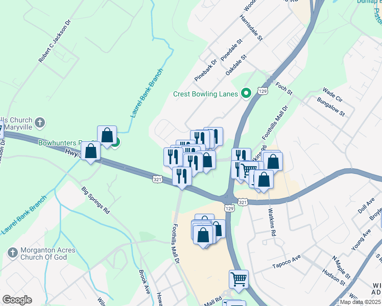 map of restaurants, bars, coffee shops, grocery stores, and more near 745 Casey Lane in Maryville