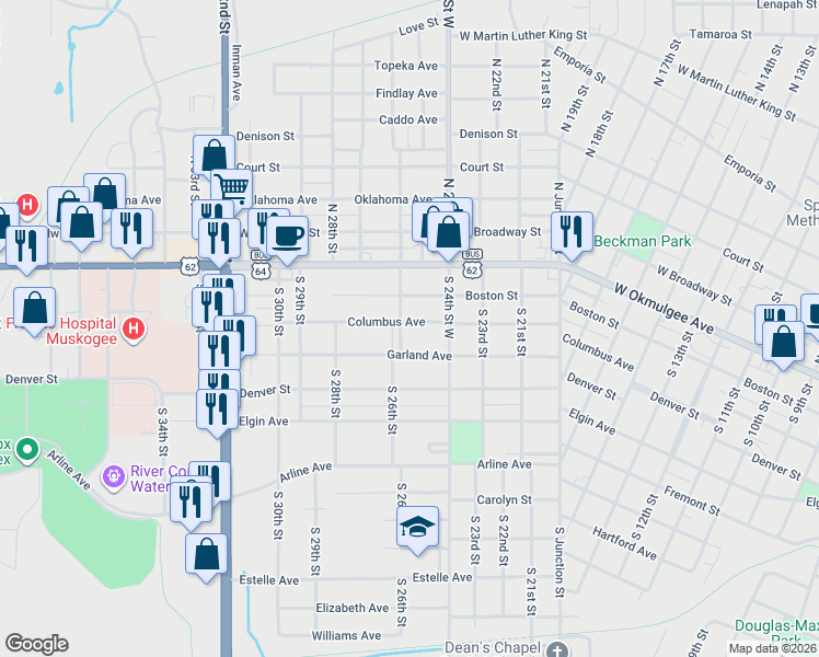 map of restaurants, bars, coffee shops, grocery stores, and more near 2450 Garland Street in Muskogee