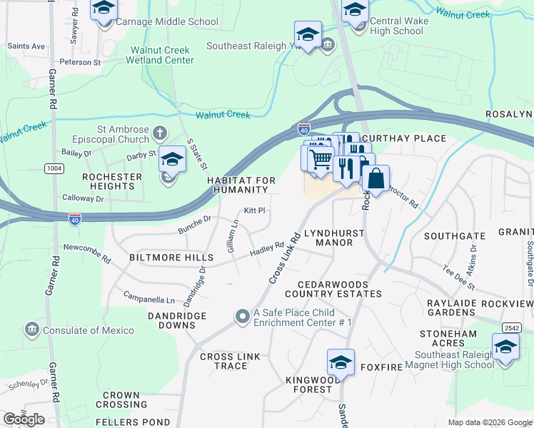 map of restaurants, bars, coffee shops, grocery stores, and more near 2009 Waters Drive in Raleigh