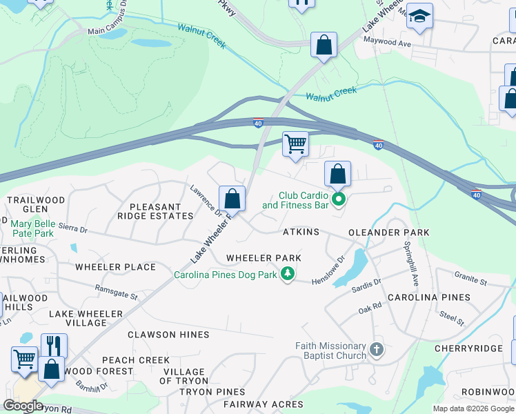 map of restaurants, bars, coffee shops, grocery stores, and more near 1521 Creekwood Court in Raleigh