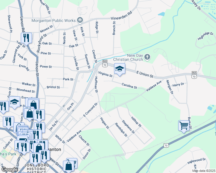 map of restaurants, bars, coffee shops, grocery stores, and more near 100 Carolina Street in Morganton