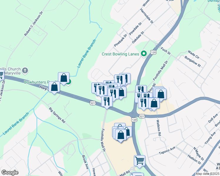 map of restaurants, bars, coffee shops, grocery stores, and more near 807 Foothills Mall Drive in Maryville