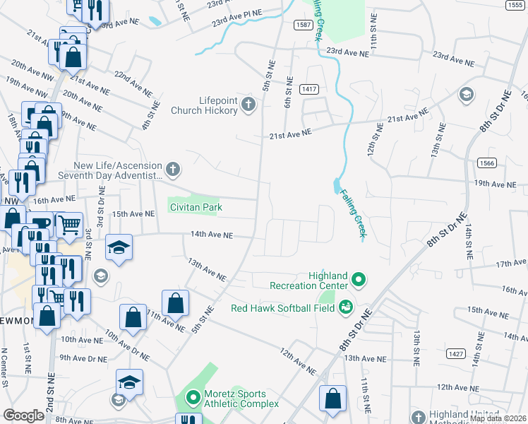 map of restaurants, bars, coffee shops, grocery stores, and more near 1520 5th Street Northeast in Hickory