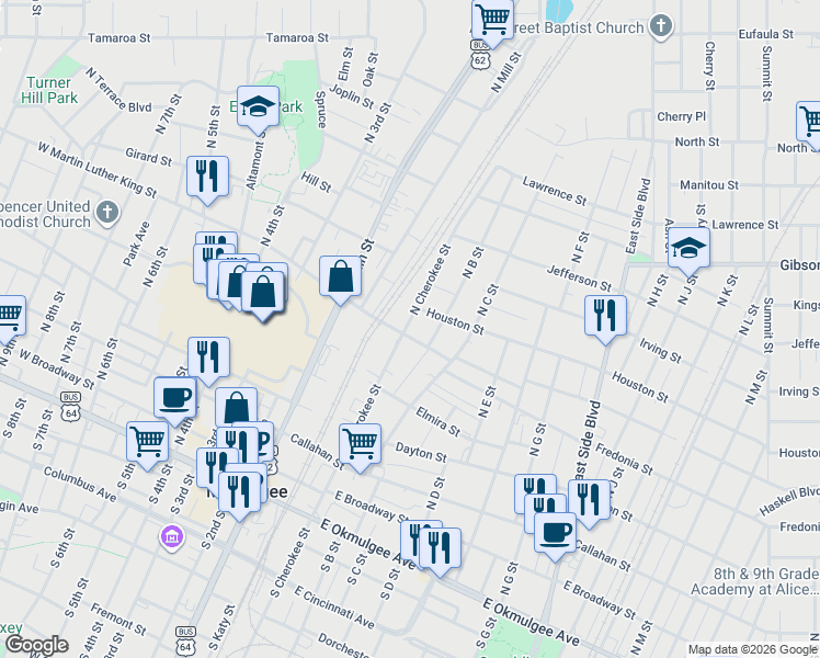 map of restaurants, bars, coffee shops, grocery stores, and more near 541 North Cherokee Street in Muskogee