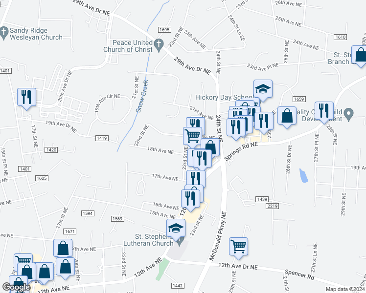map of restaurants, bars, coffee shops, grocery stores, and more near 1825 23rd Street Northeast in Hickory