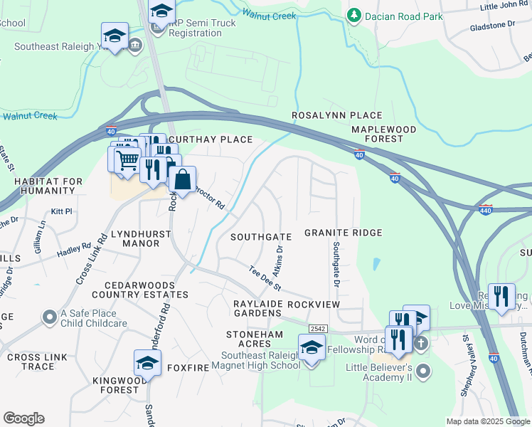 map of restaurants, bars, coffee shops, grocery stores, and more near 1913 Crawford Road in Raleigh