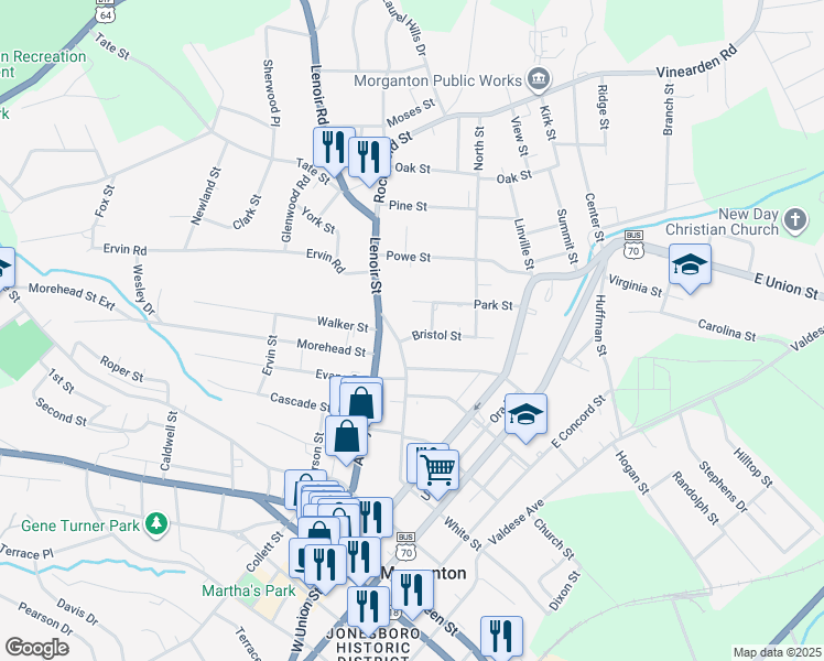 map of restaurants, bars, coffee shops, grocery stores, and more near 402 Lenoir Street in Morganton