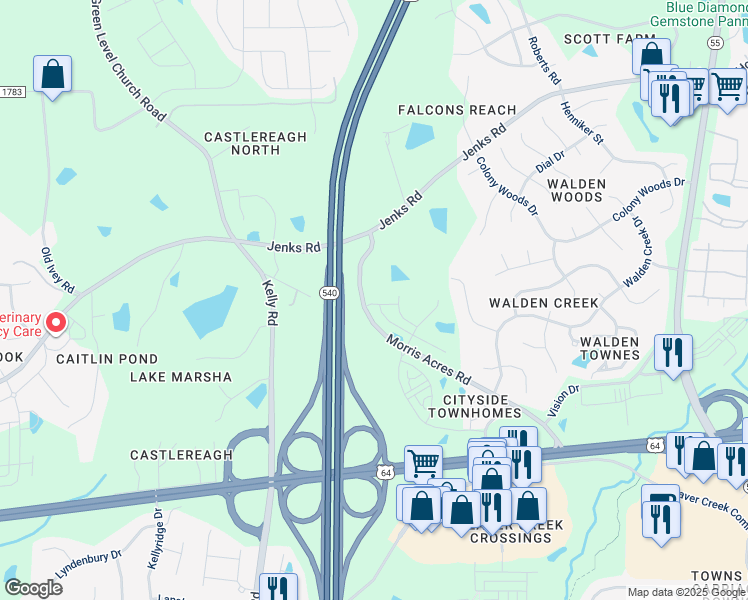 map of restaurants, bars, coffee shops, grocery stores, and more near 2124 Grubstake Street in Apex