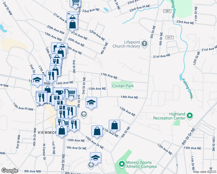 map of restaurants, bars, coffee shops, grocery stores, and more near 1510 4th Street Drive Northeast in Hickory
