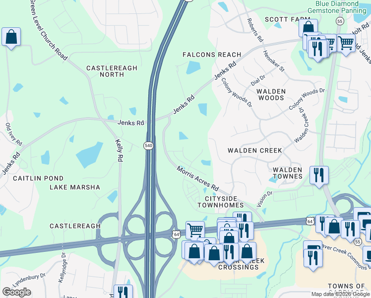map of restaurants, bars, coffee shops, grocery stores, and more near 7208 Green Level Church Road in Apex