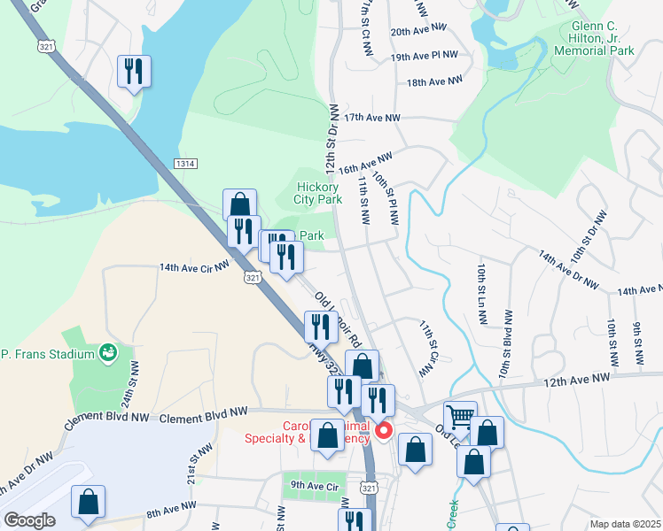 map of restaurants, bars, coffee shops, grocery stores, and more near 1435 12th Street Drive Northwest in Hickory
