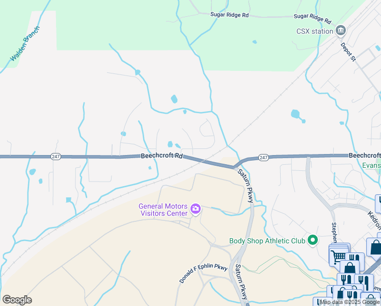 map of restaurants, bars, coffee shops, grocery stores, and more near 601 Beechcroft Road in Spring Hill