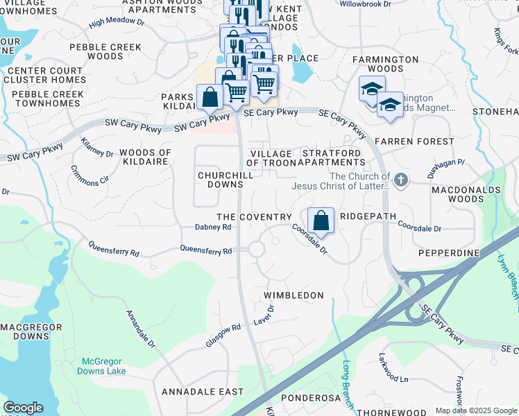 map of restaurants, bars, coffee shops, grocery stores, and more near 108 Kettering Lane in Cary