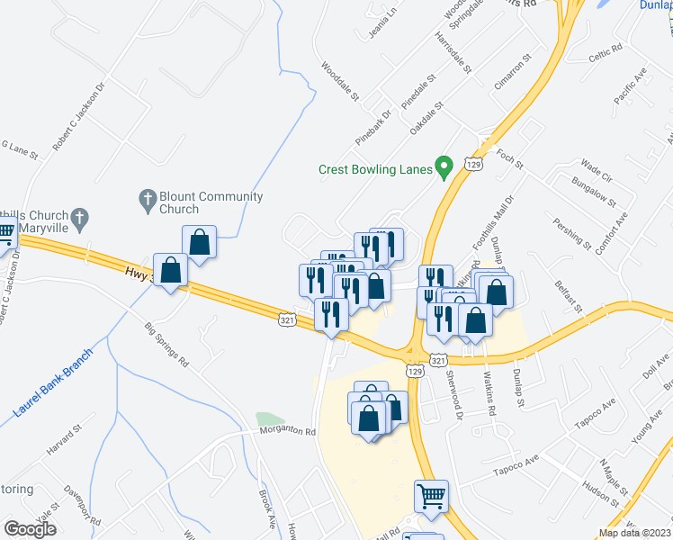 map of restaurants, bars, coffee shops, grocery stores, and more near 766 Casey Lane in Maryville