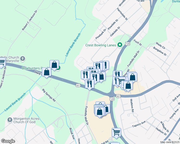 map of restaurants, bars, coffee shops, grocery stores, and more near 770 Casey Lane in Maryville