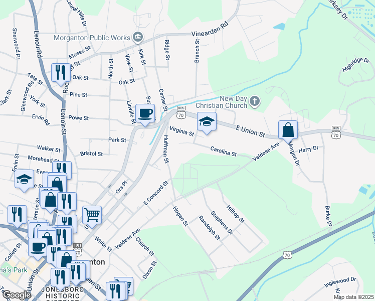 map of restaurants, bars, coffee shops, grocery stores, and more near 100 Carolina Street in Morganton