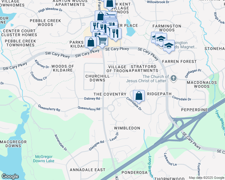 map of restaurants, bars, coffee shops, grocery stores, and more near 108 Kettering Lane in Cary