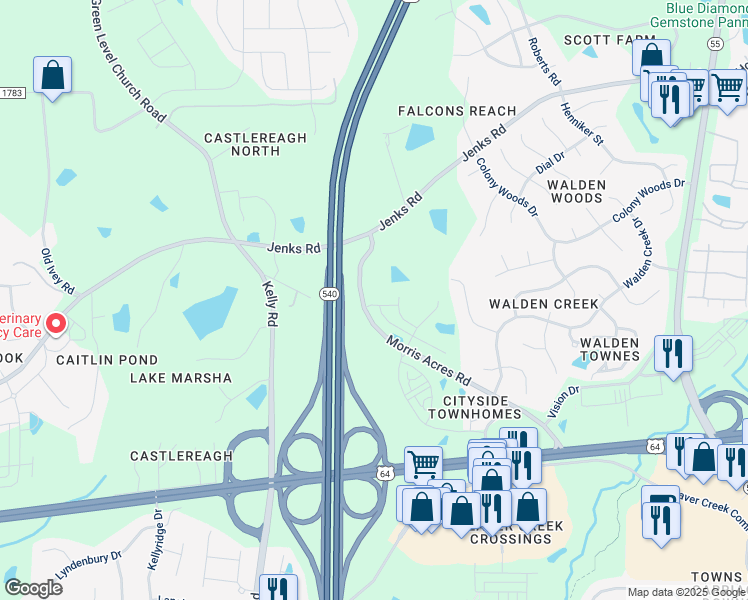 map of restaurants, bars, coffee shops, grocery stores, and more near 2124 Grubstake Street in Apex