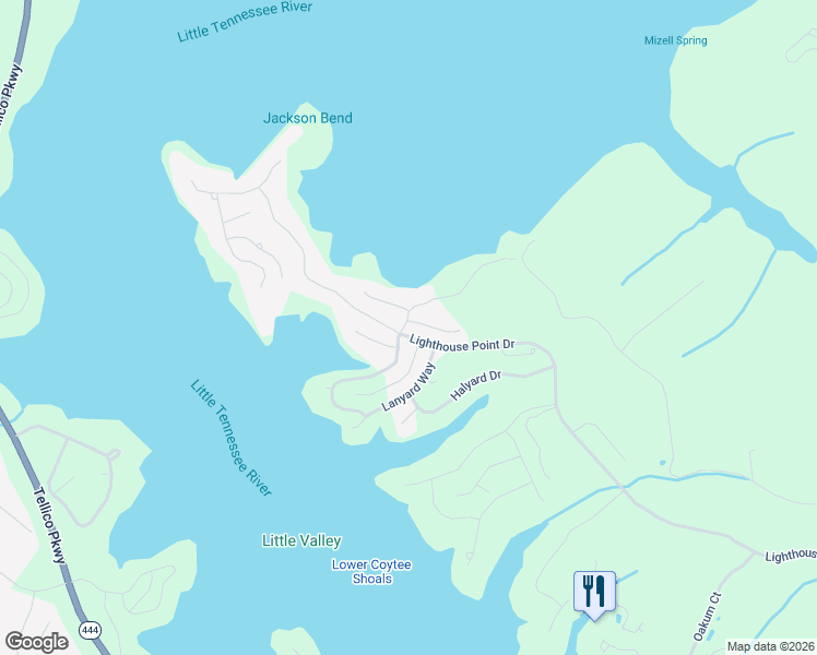 map of restaurants, bars, coffee shops, grocery stores, and more near 185 Castaway Lane in Lenoir City
