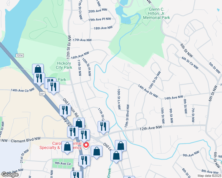 map of restaurants, bars, coffee shops, grocery stores, and more near 1070 12th Avenue Lane Northwest in Hickory