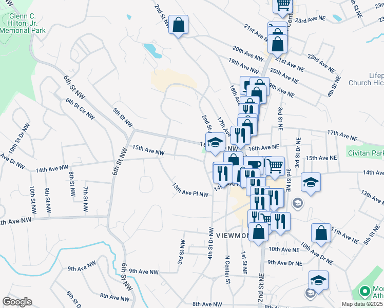 map of restaurants, bars, coffee shops, grocery stores, and more near 132 15th Avenue Northwest in Hickory