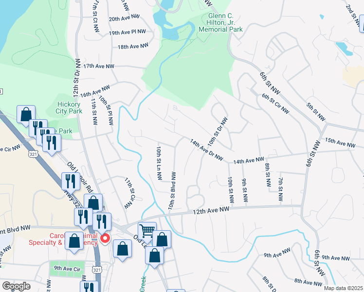 map of restaurants, bars, coffee shops, grocery stores, and more near 1310 10th Street Boulevard Northwest in Hickory