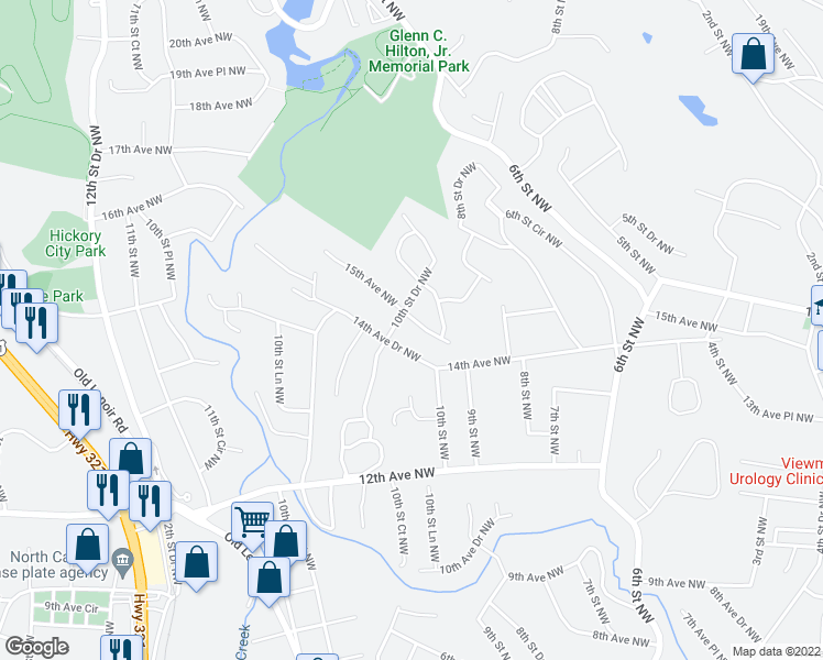 map of restaurants, bars, coffee shops, grocery stores, and more near 1021 15th Ave NW in Hickory