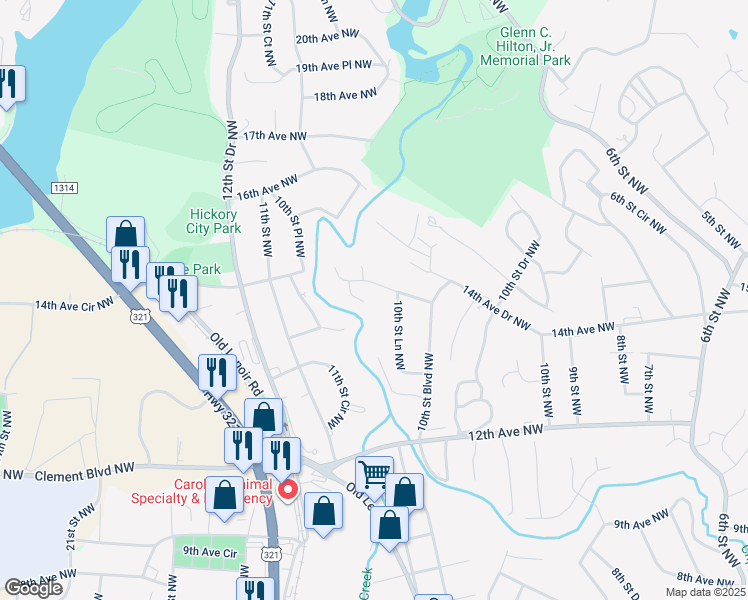 map of restaurants, bars, coffee shops, grocery stores, and more near 1070 12th Avenue Lane Northwest in Hickory