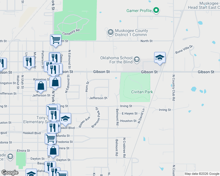 map of restaurants, bars, coffee shops, grocery stores, and more near 1001 North Anthony Avenue in Muskogee