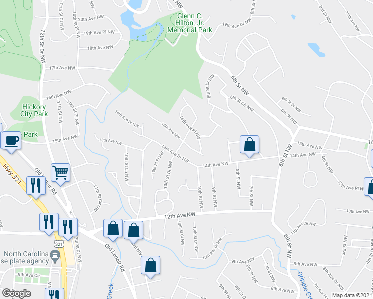 map of restaurants, bars, coffee shops, grocery stores, and more near 1021 15th Ave NW in Hickory