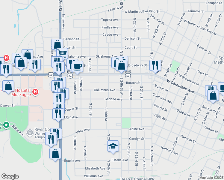 map of restaurants, bars, coffee shops, grocery stores, and more near 2450 Garland Street in Muskogee