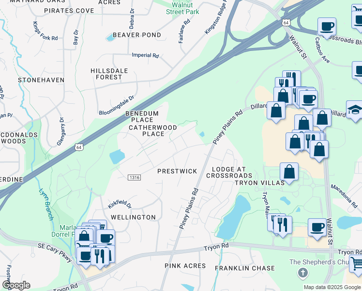 map of restaurants, bars, coffee shops, grocery stores, and more near 2110 Stephens Road in Cary