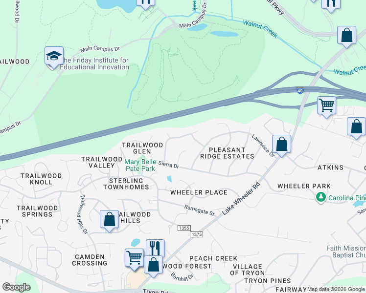 map of restaurants, bars, coffee shops, grocery stores, and more near 2417 Voyager Circle in Raleigh