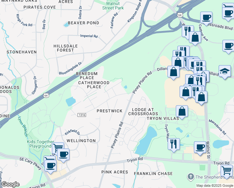 map of restaurants, bars, coffee shops, grocery stores, and more near 2110 Stephens Road in Cary