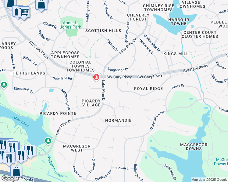 map of restaurants, bars, coffee shops, grocery stores, and more near 411 King George Loop in Cary