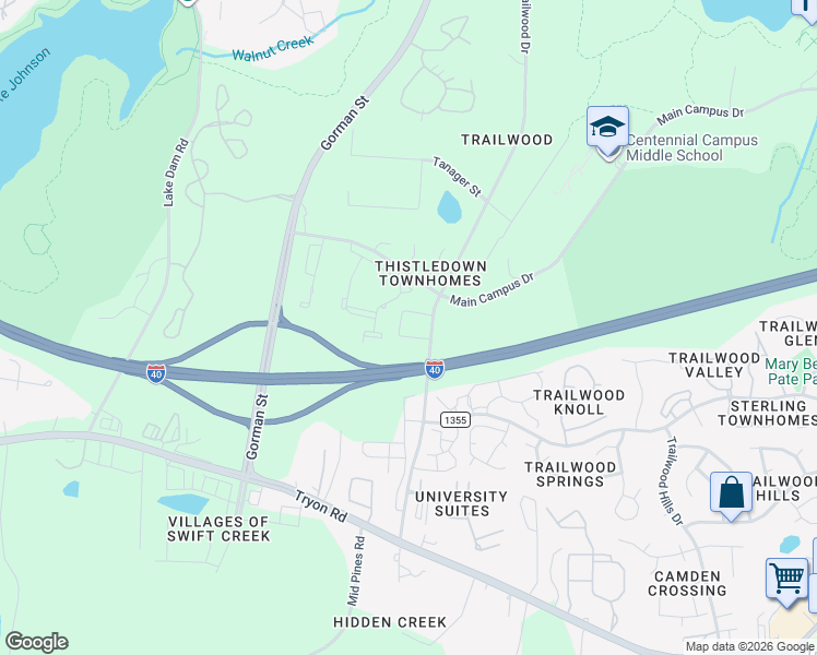 map of restaurants, bars, coffee shops, grocery stores, and more near 3550 Cum Laude Court in Raleigh