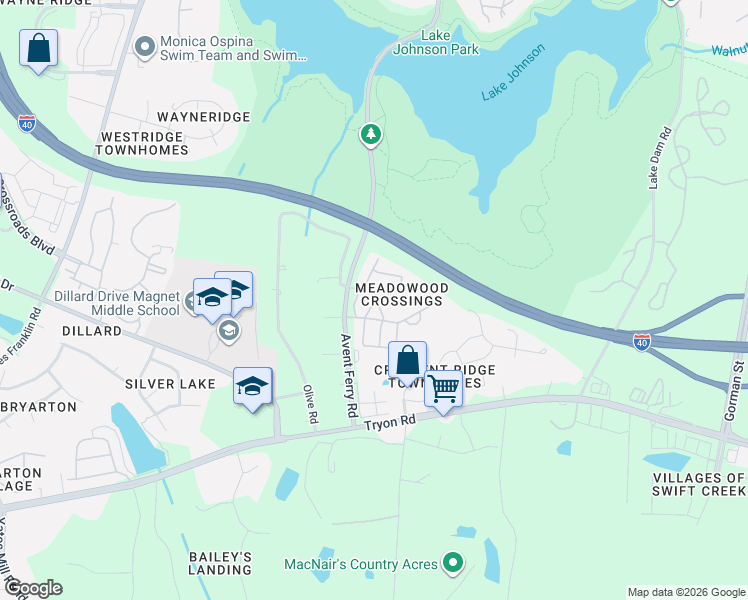 map of restaurants, bars, coffee shops, grocery stores, and more near 4565 Treerose Way in Raleigh
