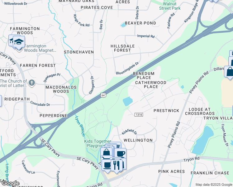 map of restaurants, bars, coffee shops, grocery stores, and more near 5112 Rina Court in Cary