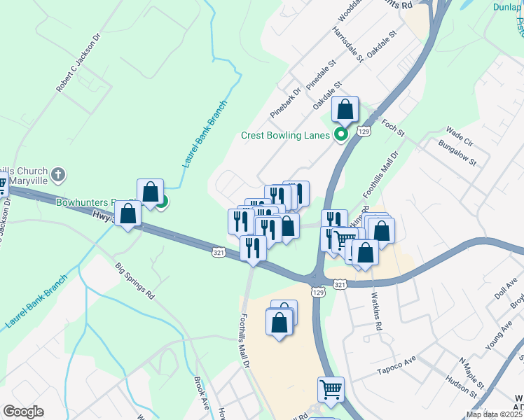 map of restaurants, bars, coffee shops, grocery stores, and more near 719 Casey Lane in Maryville