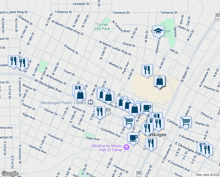 map of restaurants, bars, coffee shops, grocery stores, and more near 344 North 7th Street in Muskogee