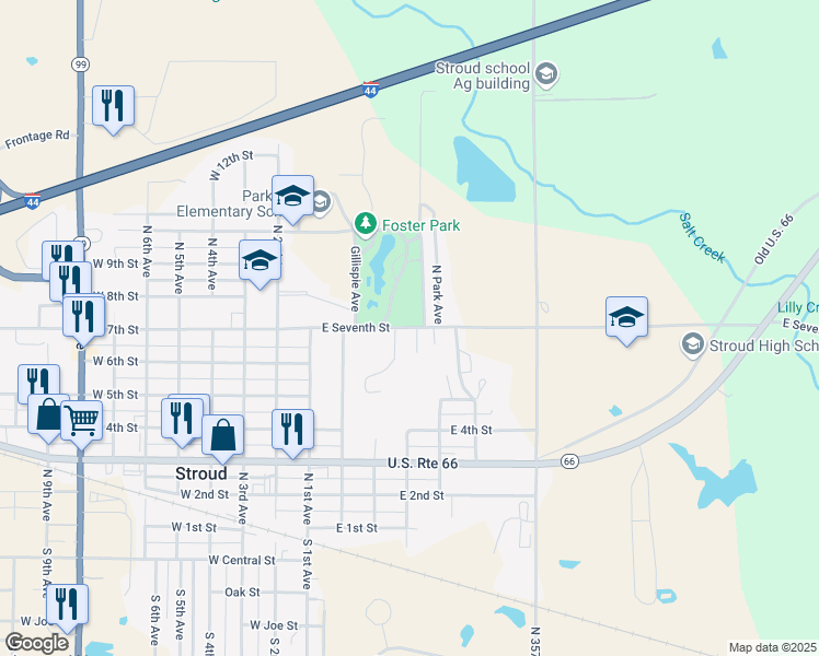 map of restaurants, bars, coffee shops, grocery stores, and more near 708 North Park Avenue in Stroud