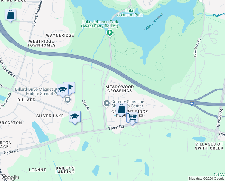 map of restaurants, bars, coffee shops, grocery stores, and more near 5300 Goldenglow Way in Raleigh
