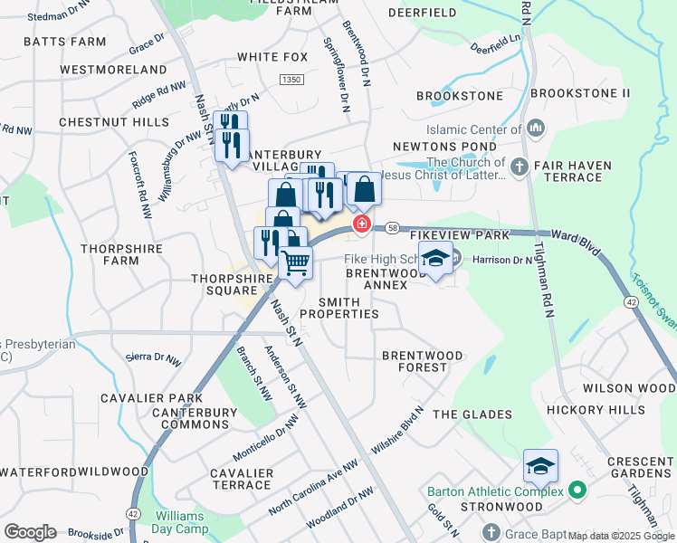 map of restaurants, bars, coffee shops, grocery stores, and more near 301 Harrison Dr N in Wilson