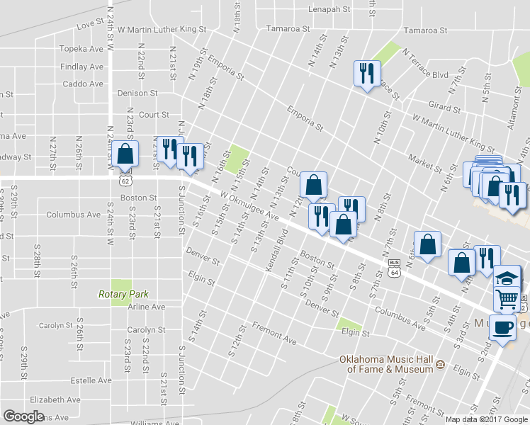 map of restaurants, bars, coffee shops, grocery stores, and more near 1320 West Okmulgee Avenue in Muskogee