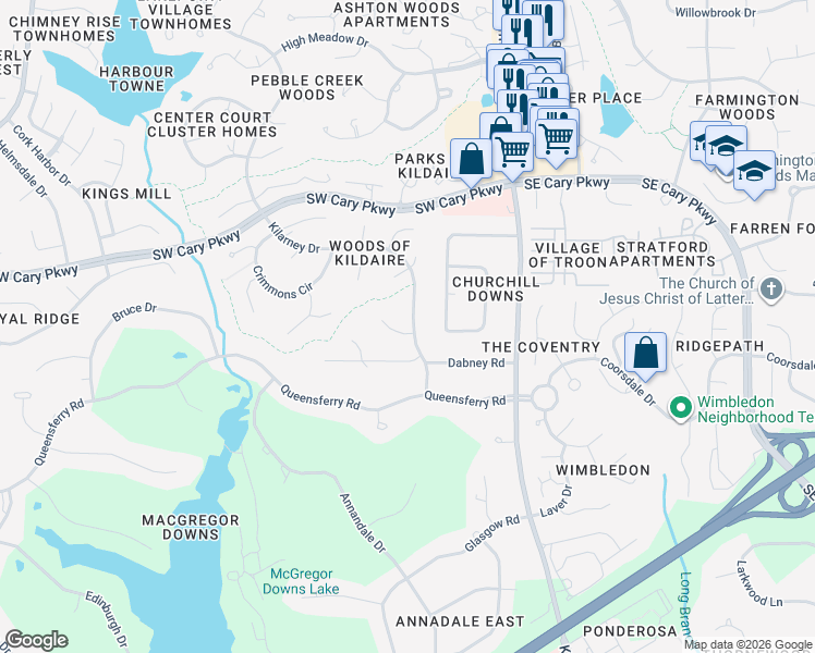 map of restaurants, bars, coffee shops, grocery stores, and more near 1525 Kilarney Drive in Cary