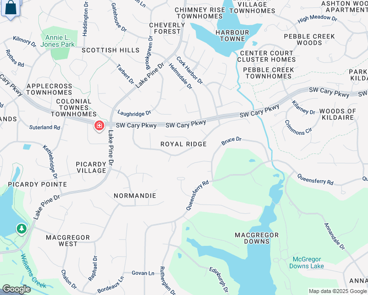 map of restaurants, bars, coffee shops, grocery stores, and more near 302 King George Loop in Cary