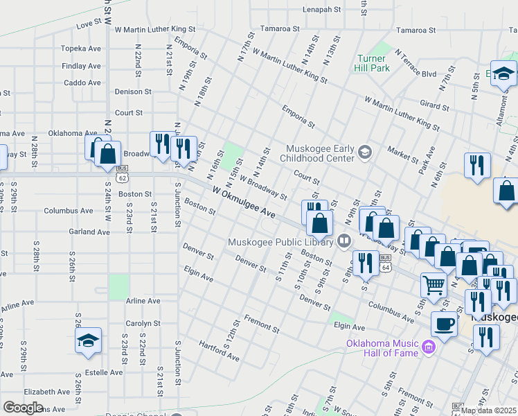 map of restaurants, bars, coffee shops, grocery stores, and more near 1320 West Okmulgee Avenue in Muskogee