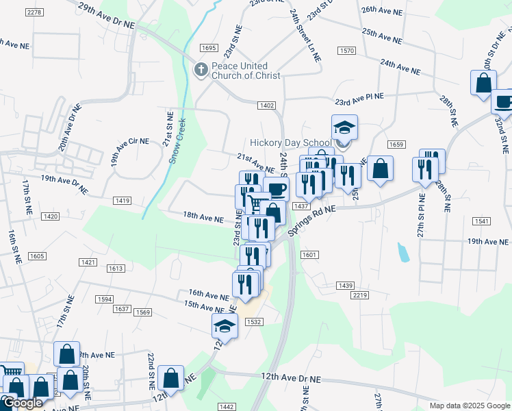 map of restaurants, bars, coffee shops, grocery stores, and more near 2311 19th Avenue Northeast in Hickory